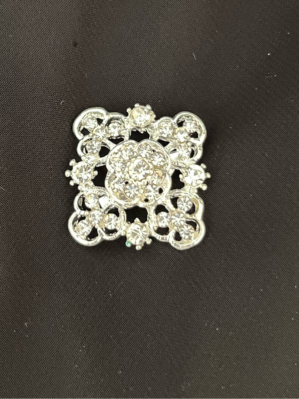 Rhinestone Square Filigree Brooch — Silver Tone